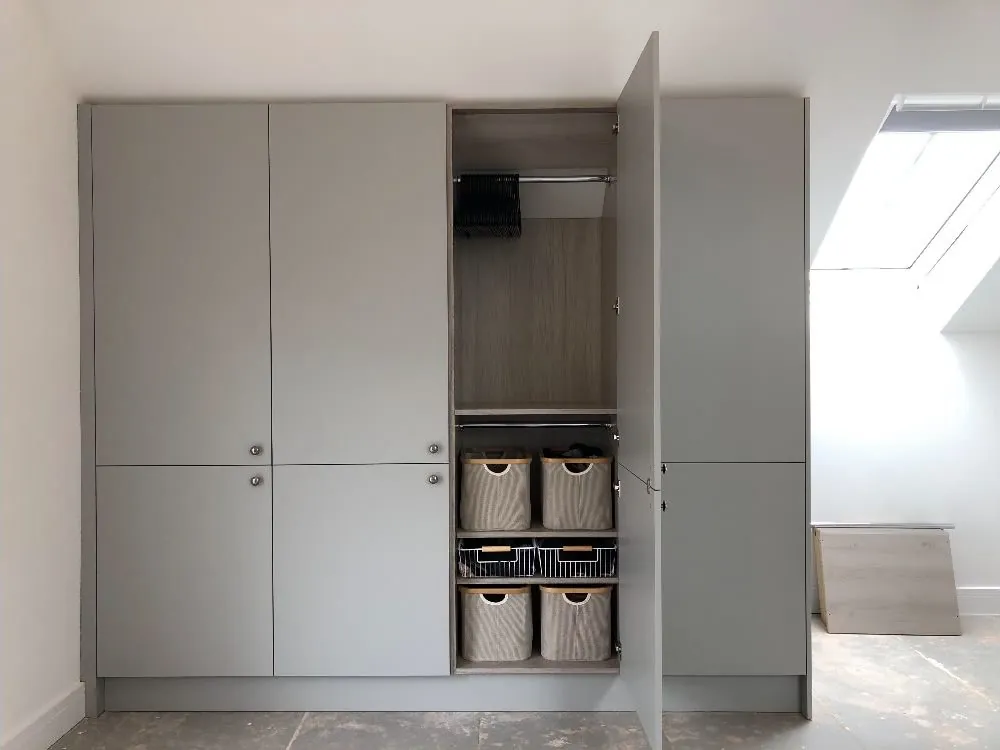 Grey fitted wardrobes baskets – bespoke furniture & wardrobes by JCK Carpentry & Building, Exeter